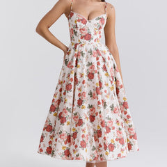 Women's Bustier Midi Satin Flared Dress - Cocktail Party | Spring - Floral