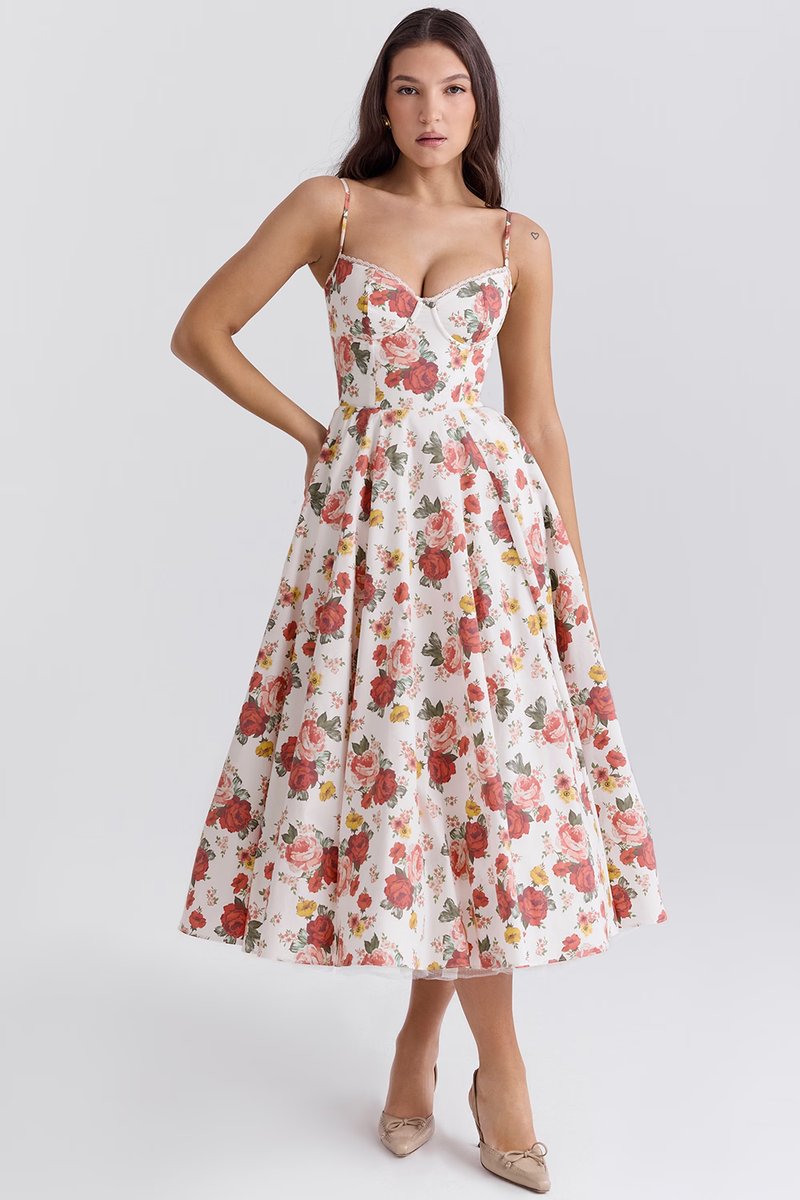 Women's Bustier Midi Satin Flared Dress - Cocktail Party | Spring - Floral