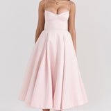Women's Bustier Midi Satin Flared Dress - Cocktail Party | Spring - Pink