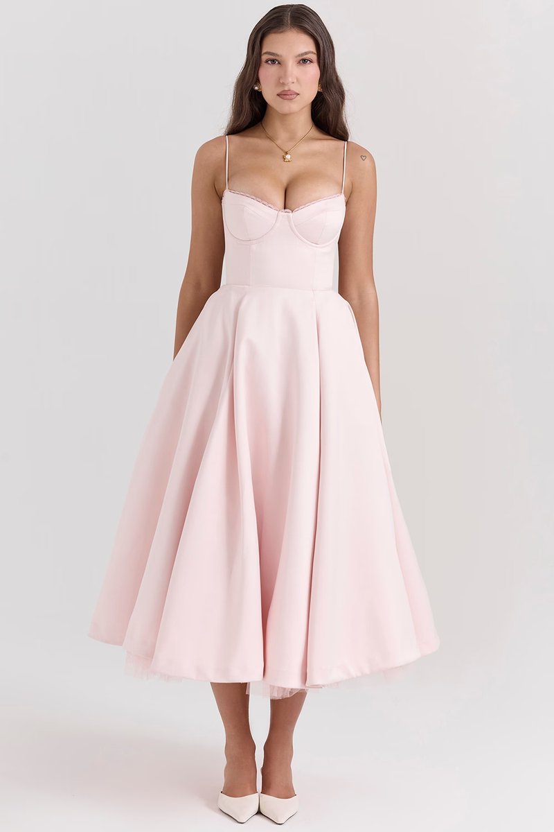 Women's Bustier Midi Satin Flared Dress - Cocktail Party | Spring - Pink