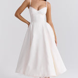 Women's Bustier Midi Satin Flared Dress - Cocktail Party | Spring - White
