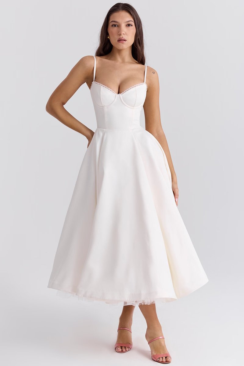 Women's Bustier Midi Satin Flared Dress - Cocktail Party | Spring - White