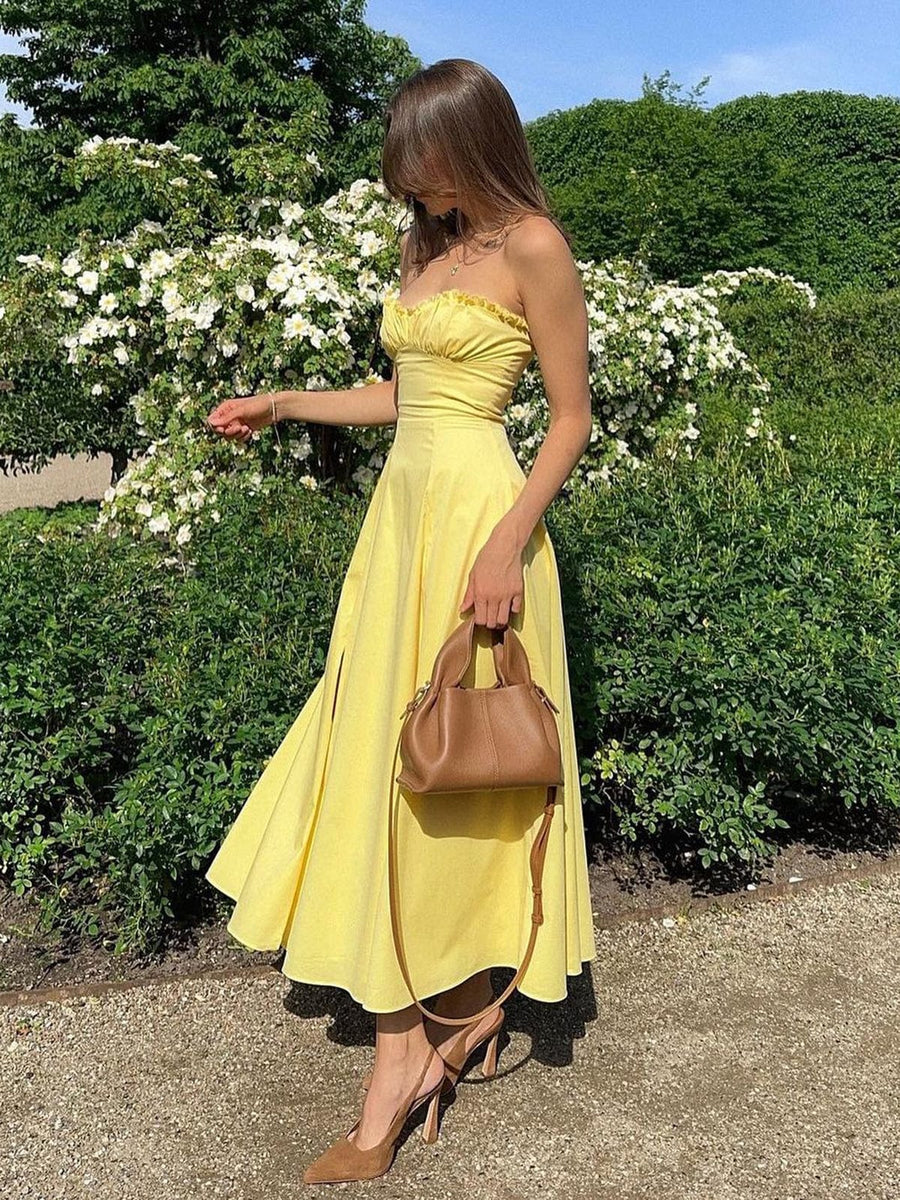 Women's Bustier Summer Dress - Romantic A-Line Heart Neckline - Yellow