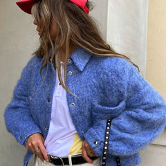 Women's Button Blazer | Elegant Design | Blue | Autumn - Blue