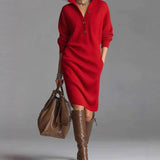 Women's Button Collar Dress - Elegant Flowing Style | Autumn - Red
