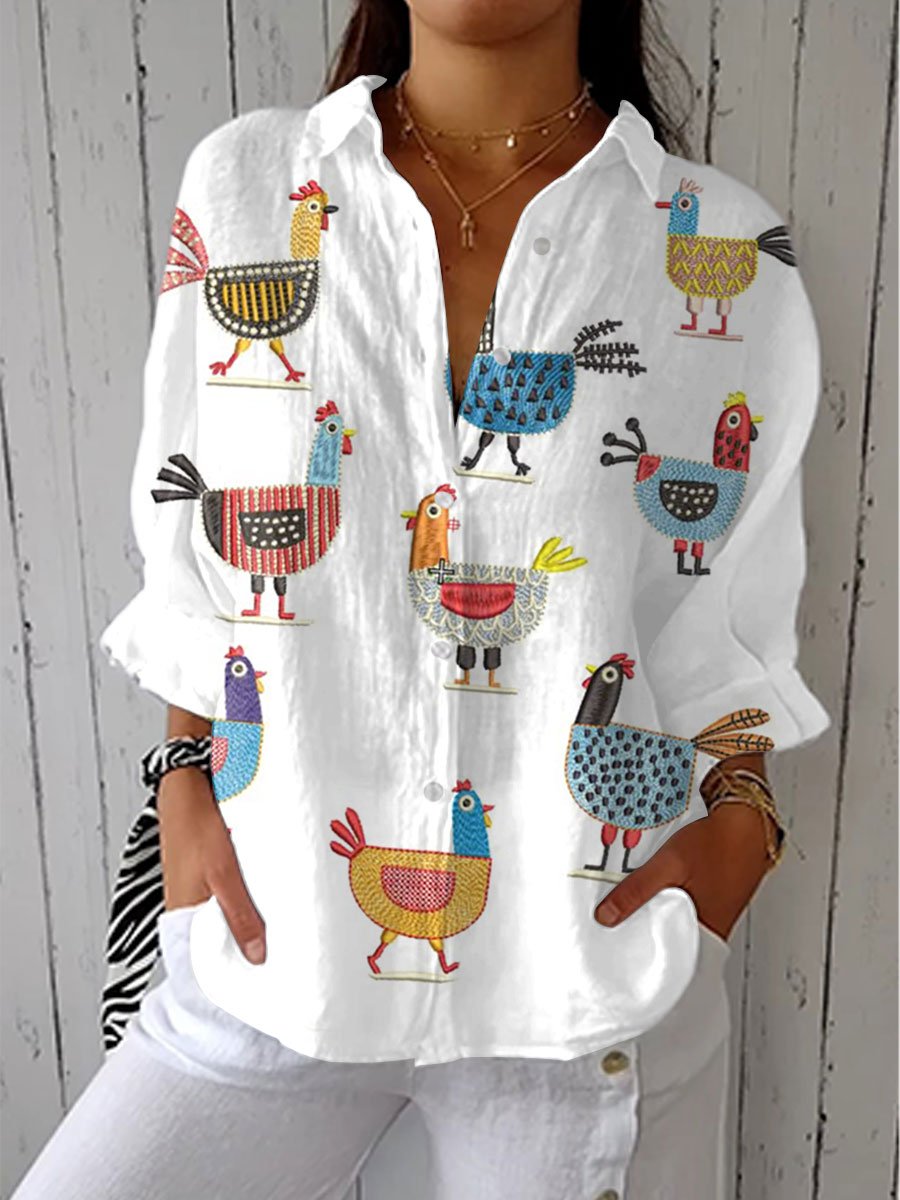 Women's Button-Front Blouse Colorful Hen Print - Relaxed Fit | Spring - Multicolor