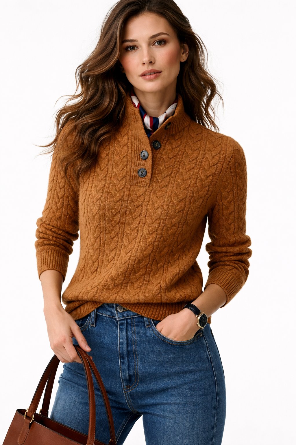 Women's Cable Knit Button-Neck Wool Blend Pullover Sweater | Autumn - Brown