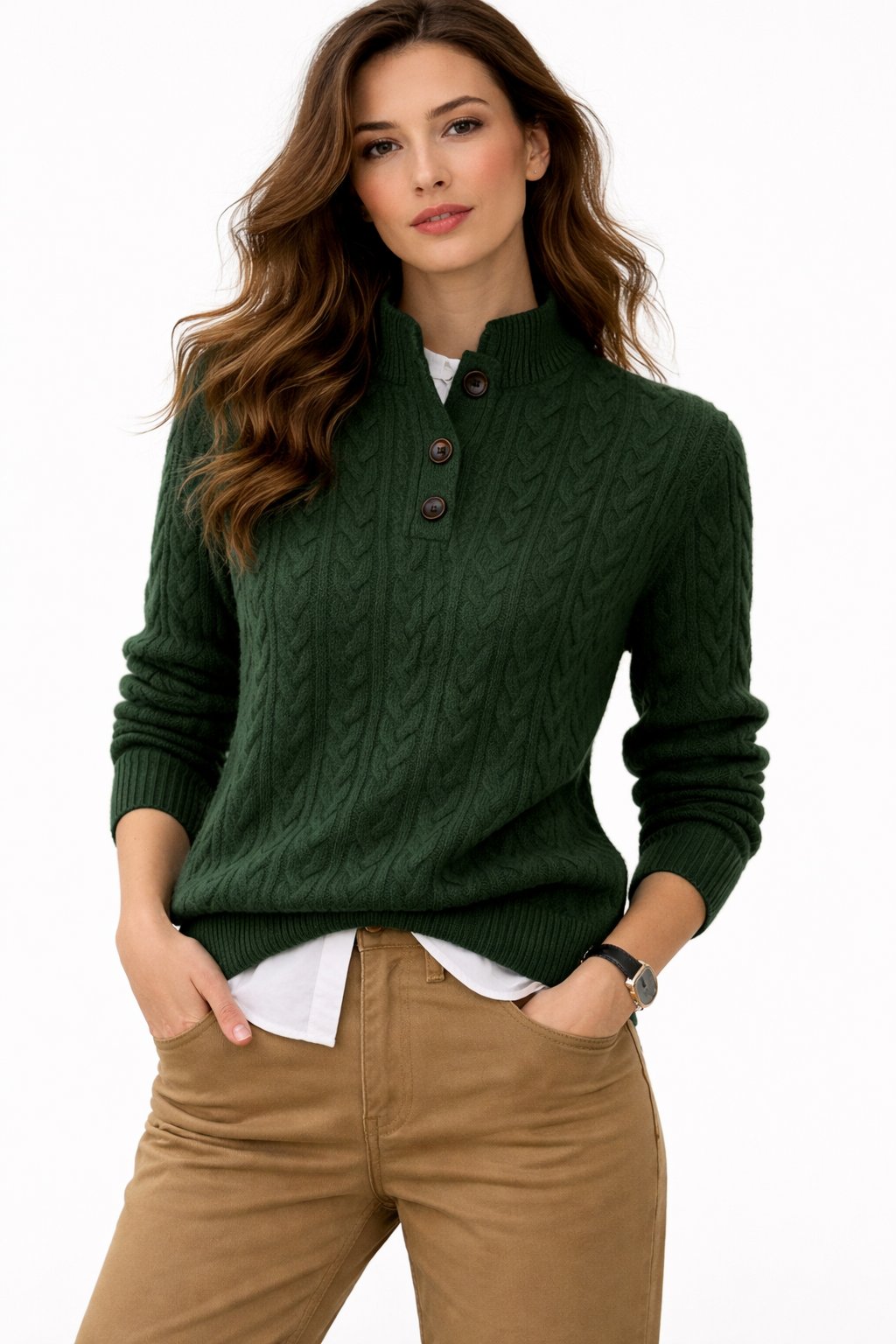 Women's Cable Knit Button-Neck Wool Blend Pullover Sweater | Autumn - Green