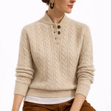 Women's Cable Knit Button-Neck Wool Blend Pullover Sweater | Autumn - Khaki