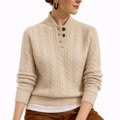 Women's Cable Knit Button-Neck Wool Blend Pullover Sweater | Autumn - Khaki