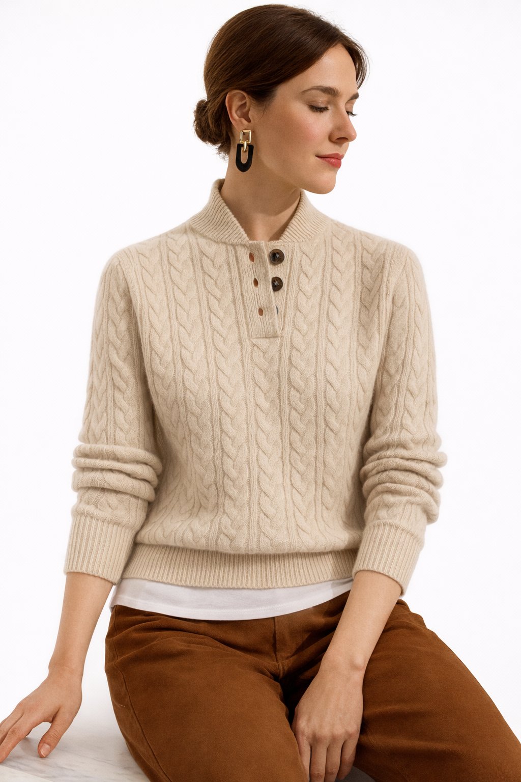 Women's Cable Knit Button-Neck Wool Blend Pullover Sweater | Autumn - Khaki