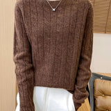 Women's Cable Knit Sweater - Classic Crew Neck | Autumn - Coffee