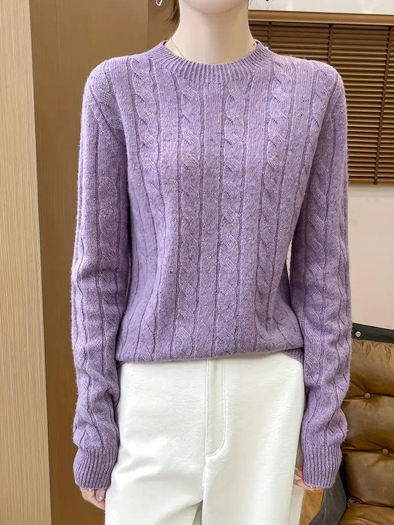 Women's Cable Knit Sweater - Classic Crew Neck | Fall - Fuchsia