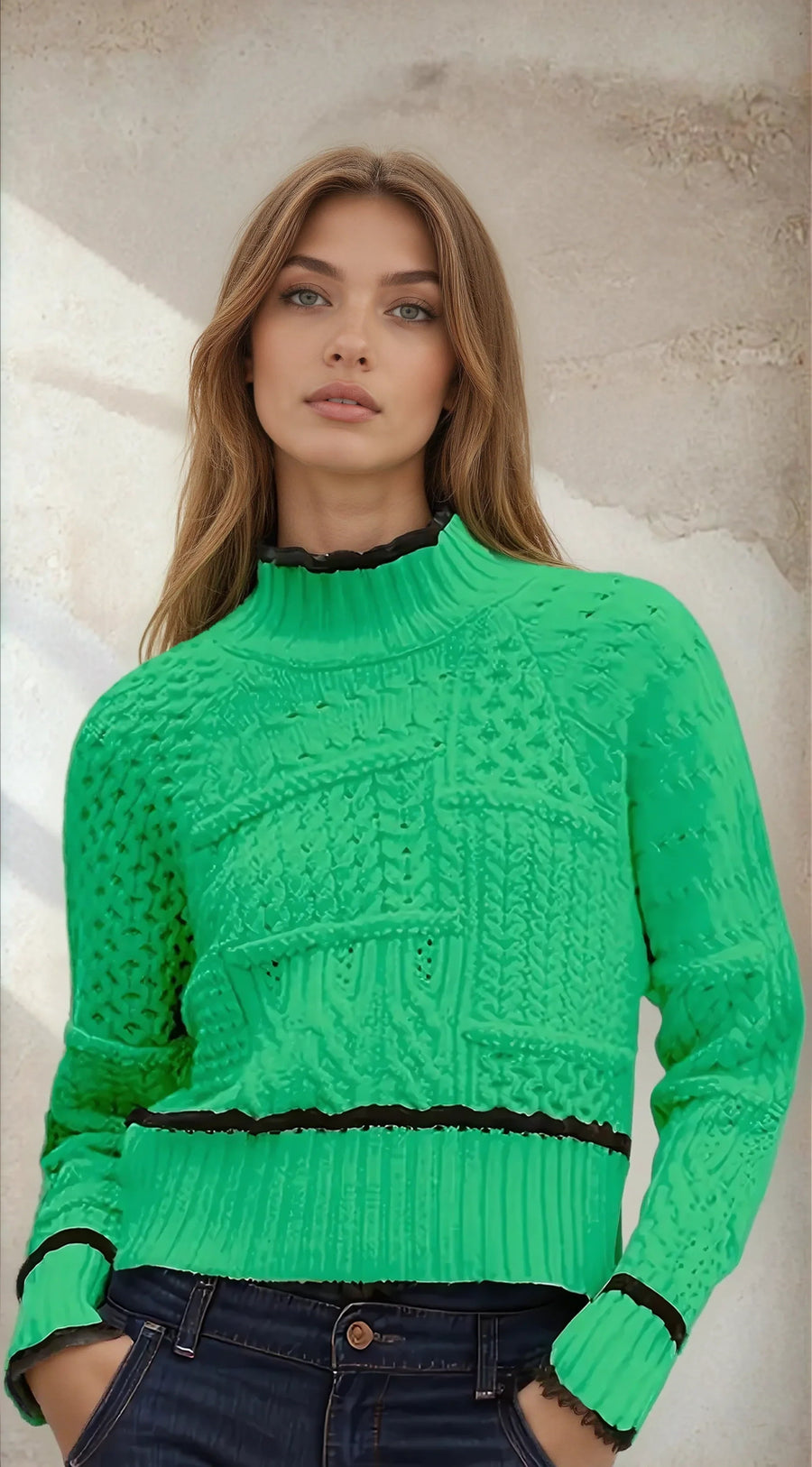 Women's Cable Knit Sweater - Geometric Green | Fall - Green