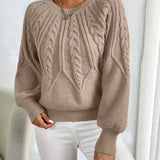 Women's Cable Knit Sweater with Balloon Sleeves - Khaki | Autumn - Khaki