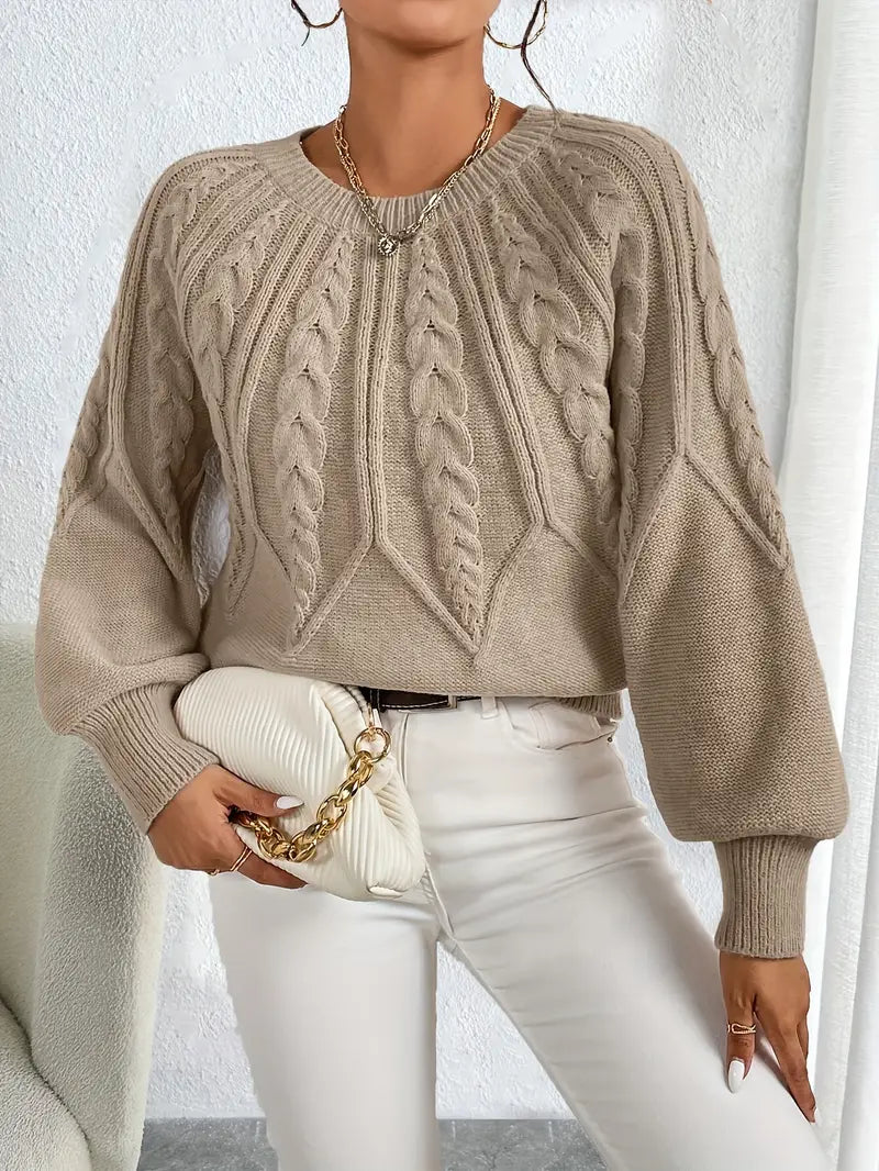 Women's Cable Knit Sweater with Balloon Sleeves - Khaki | Autumn