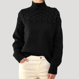 Women's Cable Knit Turtleneck Pullover Sweater - Relaxed Fit | Autumn - Black