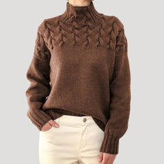 Women's Cable Knit Turtleneck Pullover Sweater - Relaxed Fit | Autumn - Brown