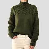 Women's Cable Knit Turtleneck Pullover Sweater - Relaxed Fit | Autumn - Dark Green
