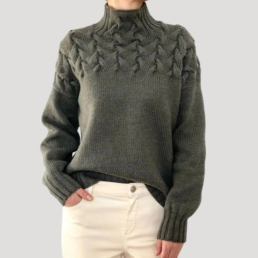 Women's Cable Knit Turtleneck Pullover Sweater - Relaxed Fit | Autumn - Grey