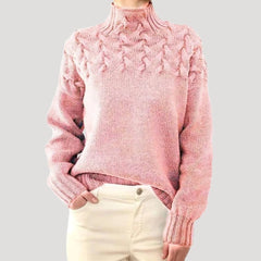 Women's Cable Knit Turtleneck Pullover Sweater - Relaxed Fit | Autumn - Light Pink
