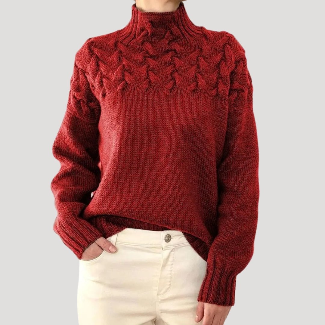 Women's Cable Knit Turtleneck Pullover Sweater - Relaxed Fit | Autumn - Red