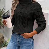 Women's Cable Knit Turtleneck Sweater - Cozy Long Sleeve Pullover - Black