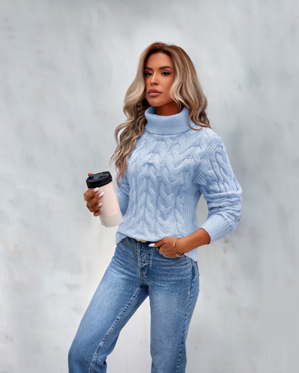 Women's Cable Knit Turtleneck Sweater - Cozy Long Sleeve Pullover - Blue