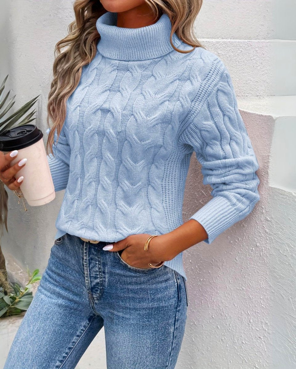 Women's Cable Knit Turtleneck Sweater - Cozy Long Sleeve Pullover