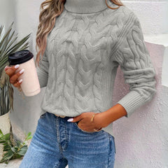 Women's Cable Knit Turtleneck Sweater - Cozy Long Sleeve Pullover - Grey