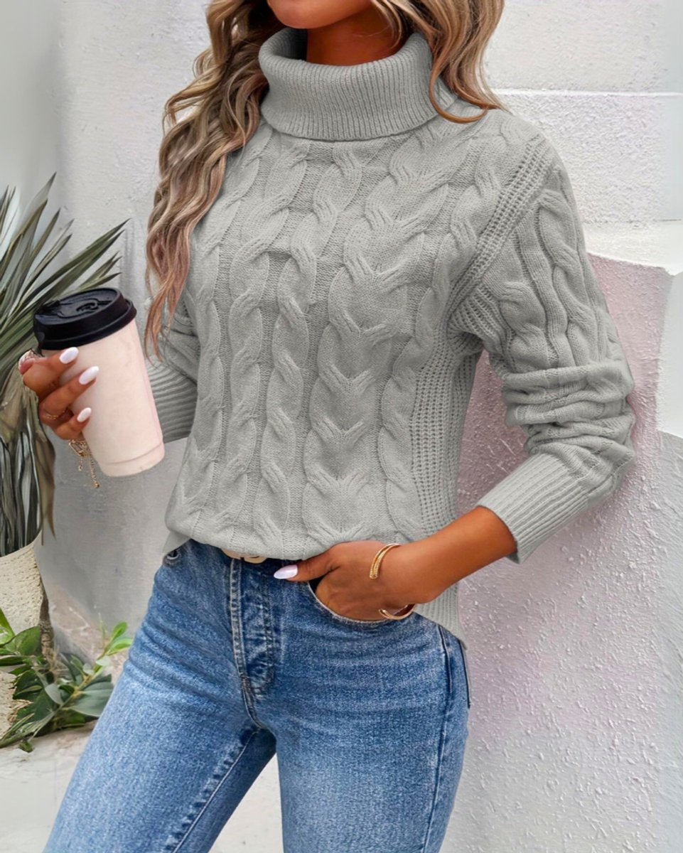 Women's Cable Knit Turtleneck Sweater - Cozy Long Sleeve Pullover - Grey