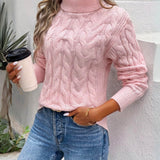 Women's Cable Knit Turtleneck Sweater - Cozy Long Sleeve Pullover - Pink
