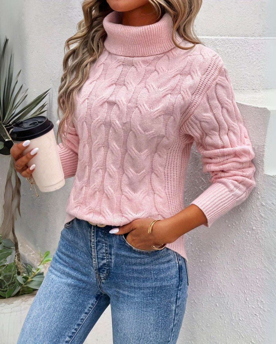 Women's Cable Knit Turtleneck Sweater - Cozy Long Sleeve Pullover - Pink
