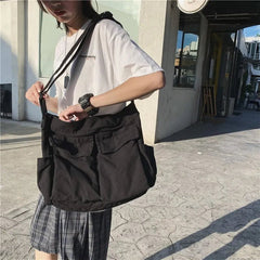Women's Canvas Tote Bag with Multiple Pockets - Slouchy Crossbody