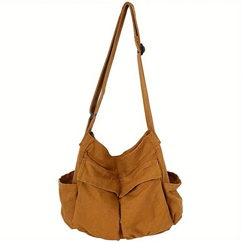 Women's Canvas Tote Bag with Multiple Pockets - Slouchy Crossbody - Khaki