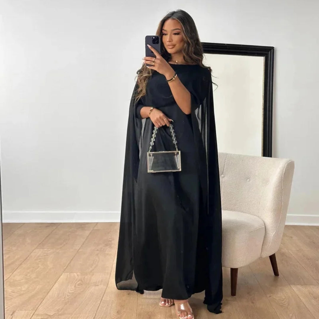 Women's Cape Maxi Dress - Elegant Wedding Guest Gown | Spring - Black