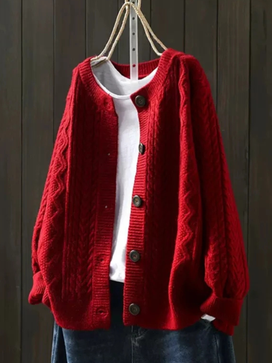 Women's Cardigan | Cable Knit Button | Autumn - Red