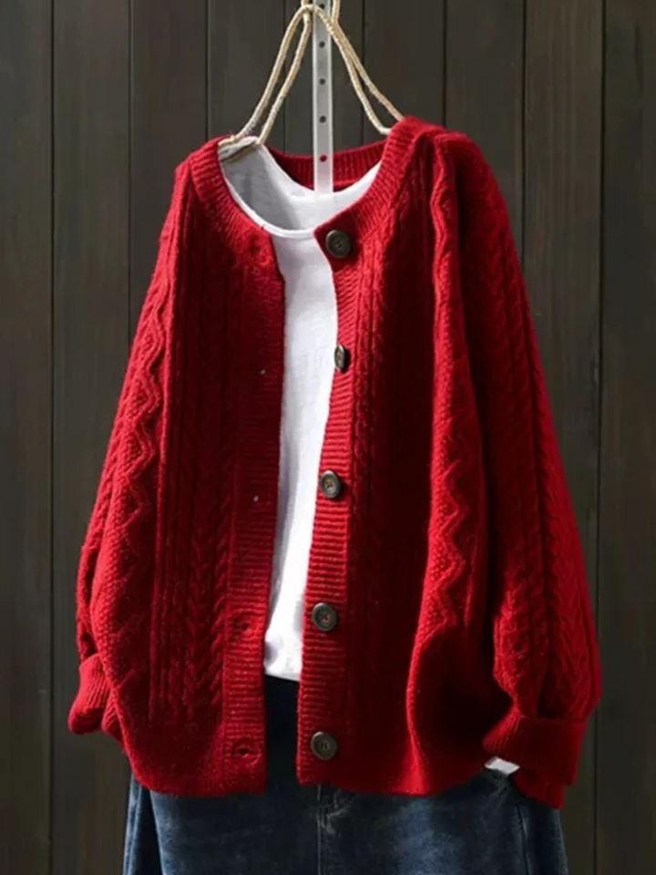 Women's Cardigan | Cable Knit Button | Autumn - Red