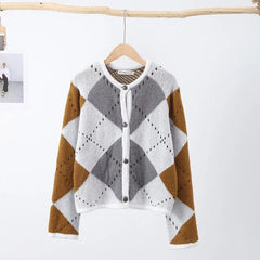 Women's Cardigan | Check Print | Cozy Knit | Autumn - White