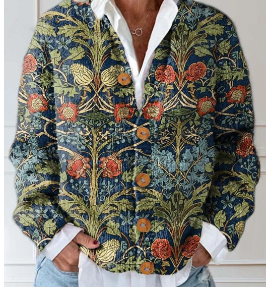 Women's Cardigan | Elegant Floral Print | Spring - Green