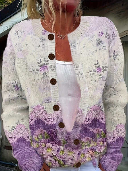 Women's Cardigan | Elegant Floral Print | Spring - Purple