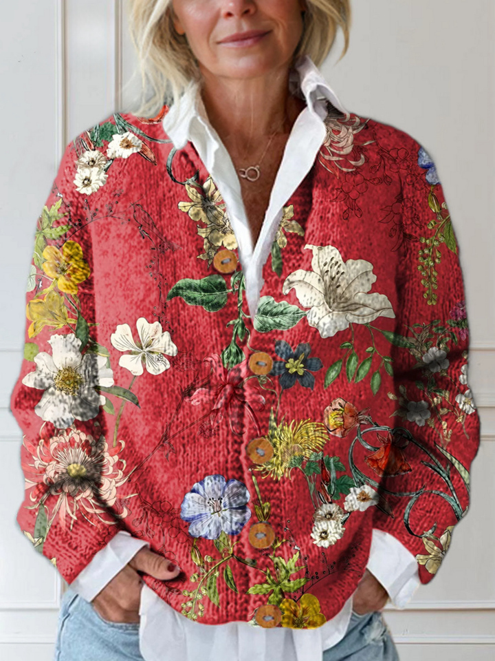 Women's Cardigan | Elegant Floral Print | Spring - Red