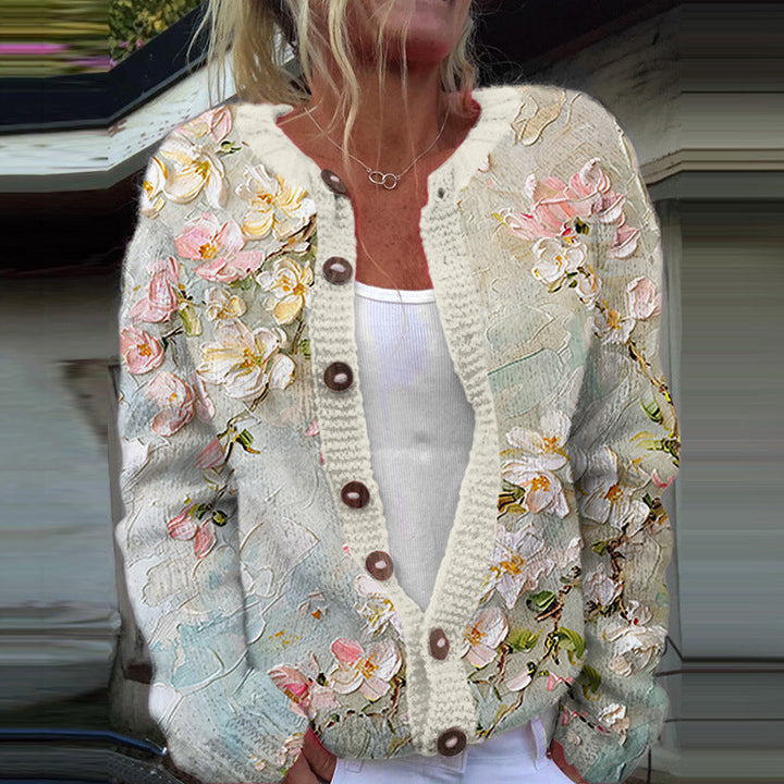Women's Cardigan | Elegant Floral Print | Spring - White