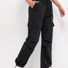 Women's Cargo Pocket Drawstring Casual Pants - Relaxed Fit | Spring - Black