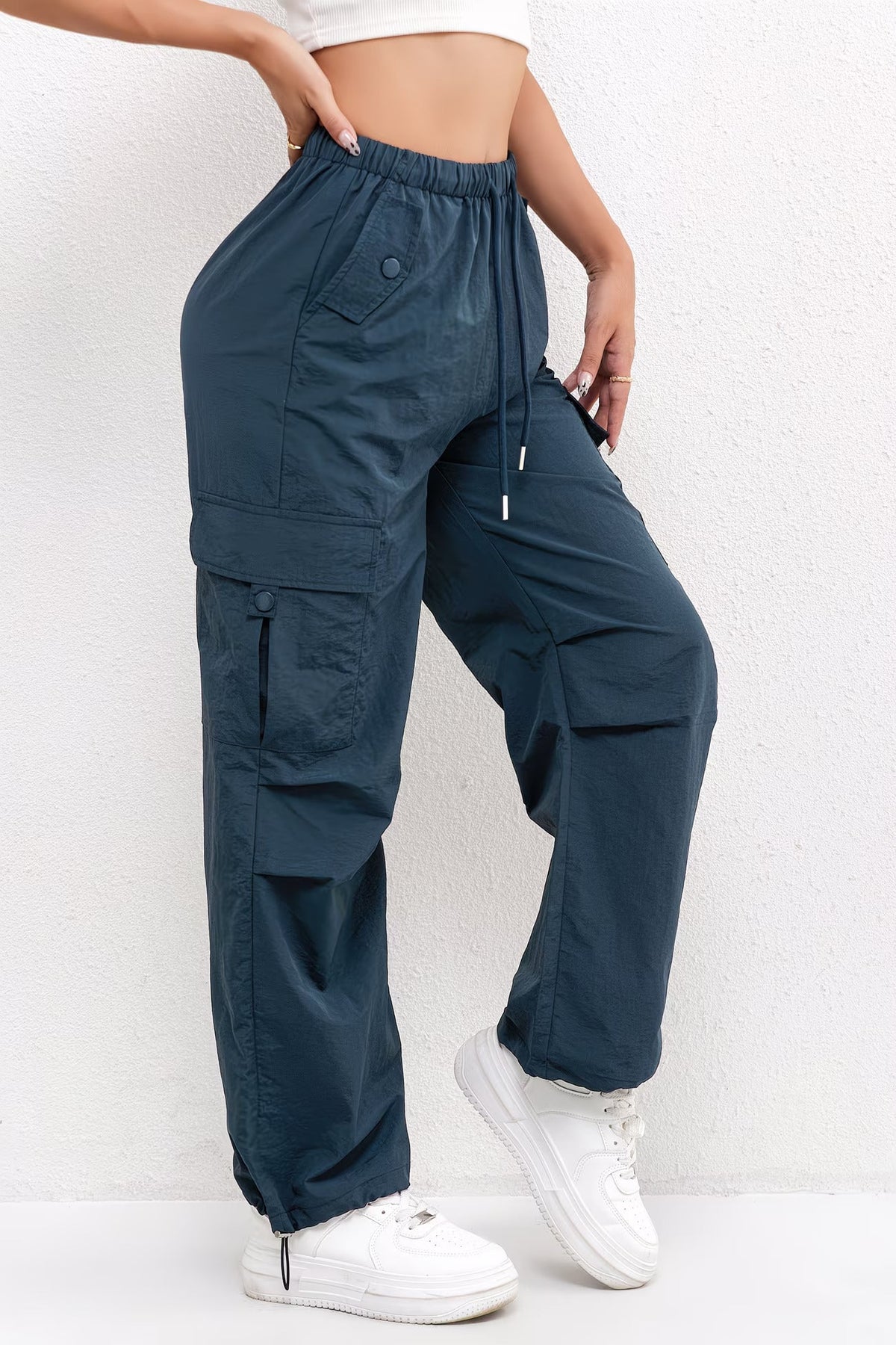 Women's Cargo Pocket Drawstring Casual Pants - Relaxed Fit | Spring - Blue