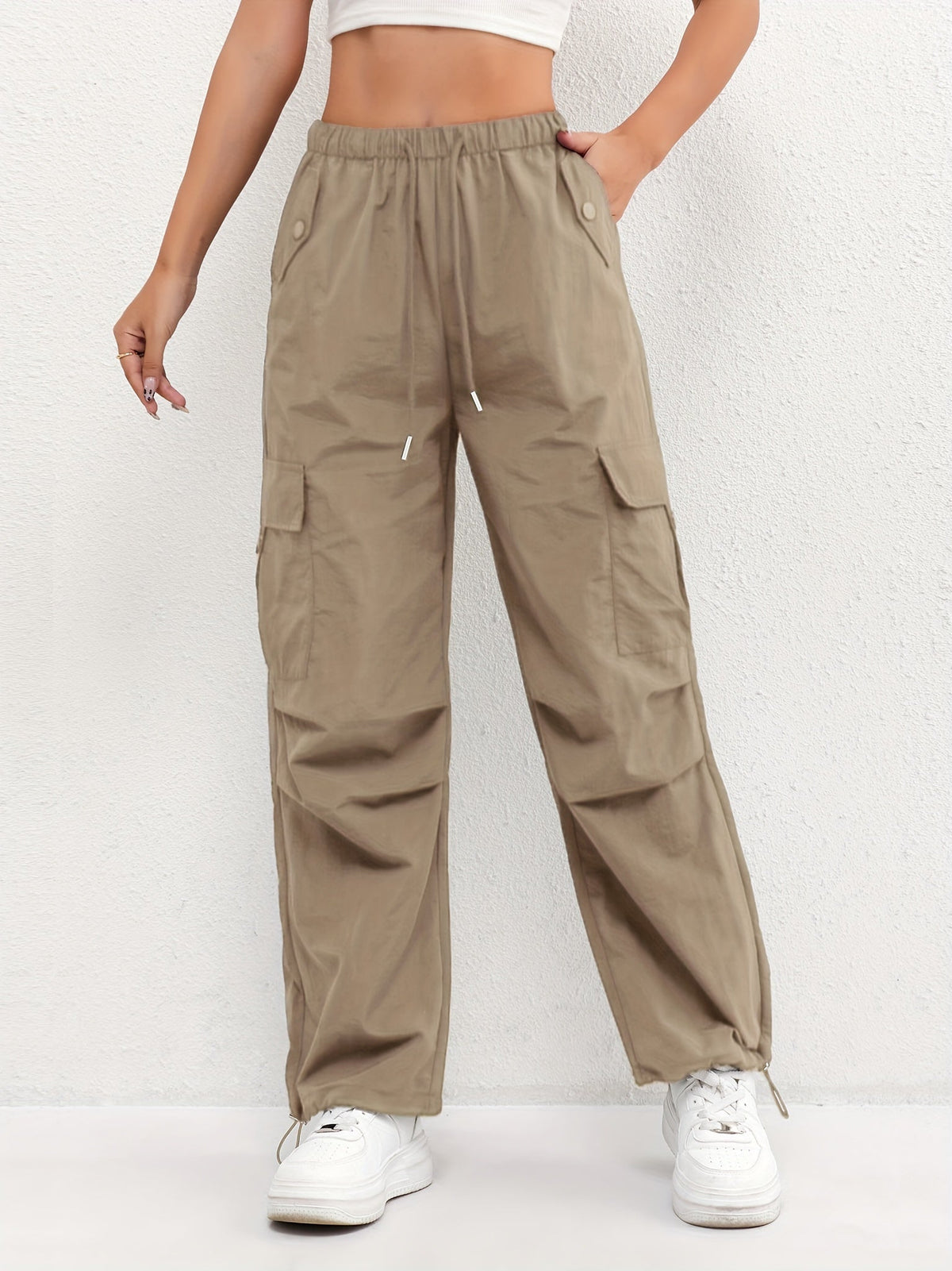 Women's Cargo Pocket Drawstring Casual Pants - Relaxed Fit | Spring - Brown