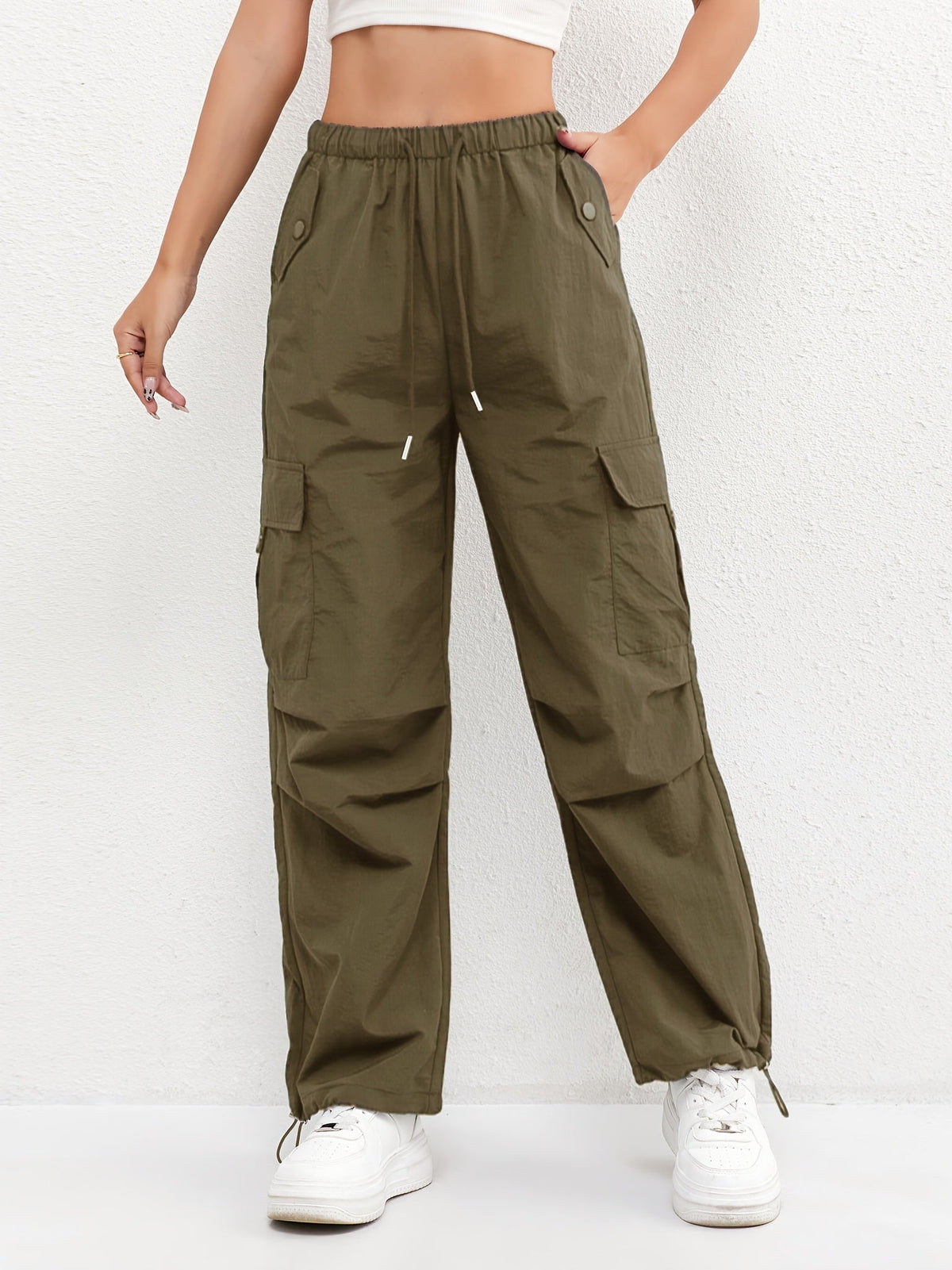 Women's Cargo Pocket Drawstring Casual Pants - Relaxed Fit | Spring - Green