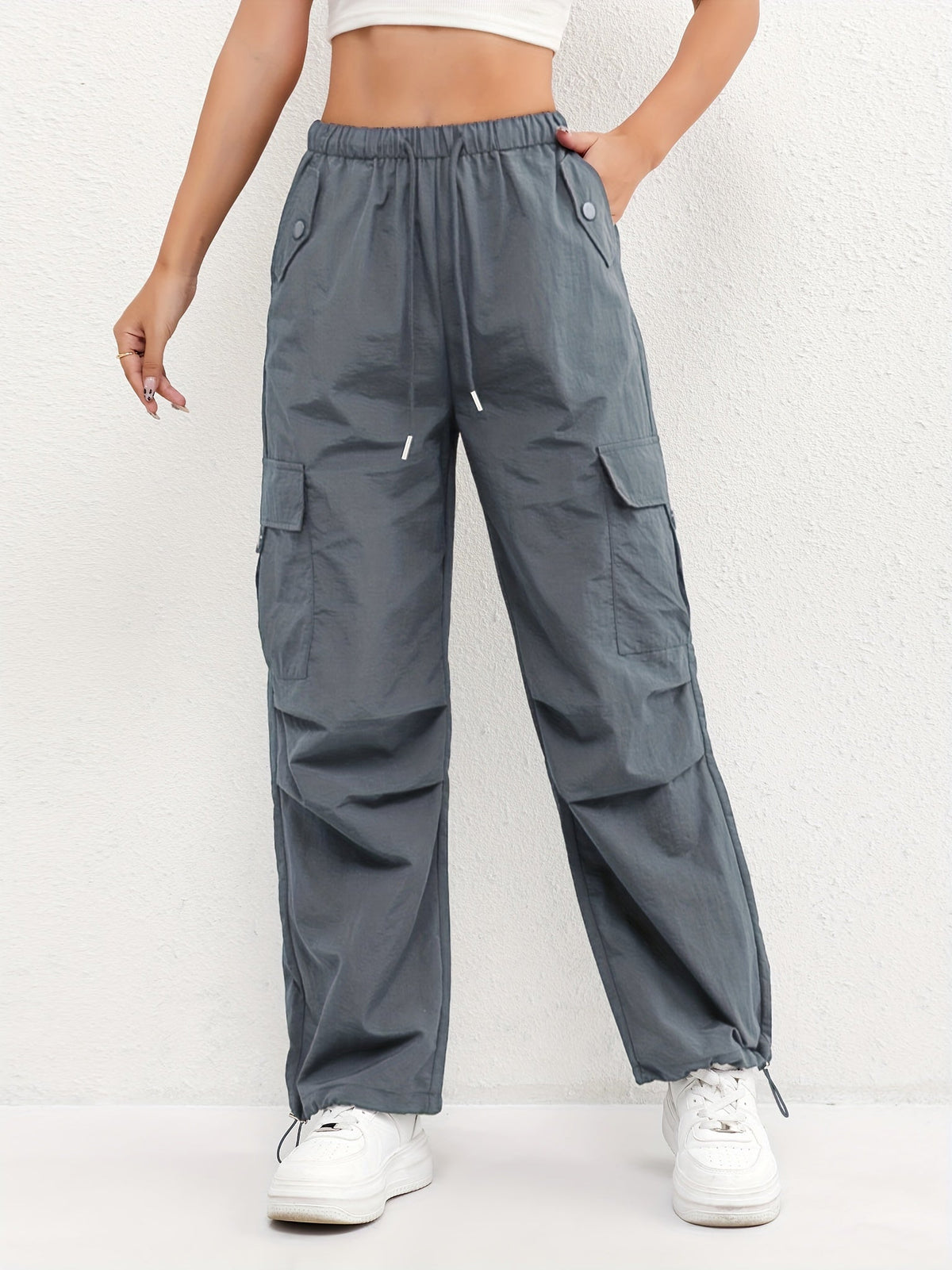 Women's Cargo Pocket Drawstring Casual Pants - Relaxed Fit | Spring - Grey