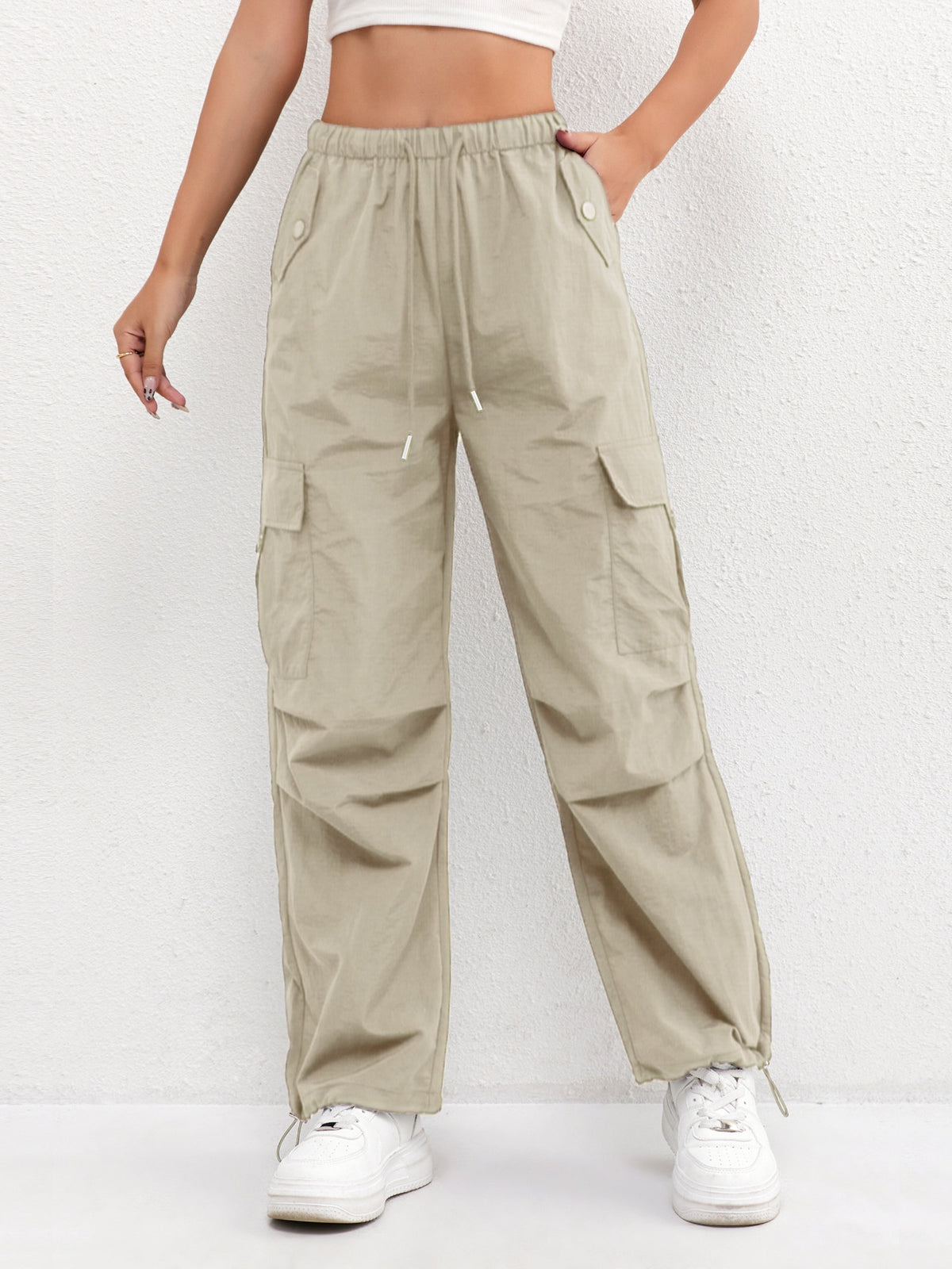 Women's Cargo Pocket Drawstring Casual Pants - Relaxed Fit | Spring - Khaki