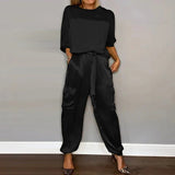 Women's Cargo Two Piece Set Drawstring Pants - Relaxed Utility - Black